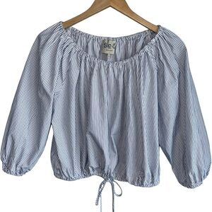 SEA NEW YORK Blue+White Striped Cotton Poplin Puff Sleeve Top Cropped Blouse S